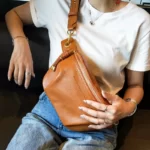 Sac Banane Bandoulière Femme Cuir grainé orange marron camel