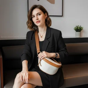 sac banane femme chic en cuir blanc et marron porté en bandoulière par une femme