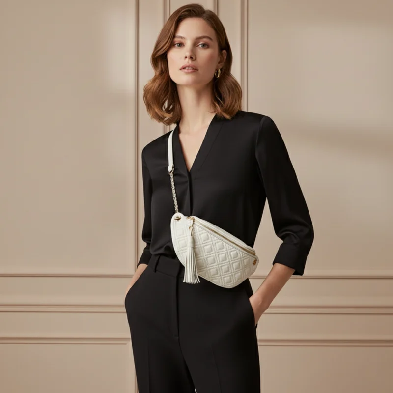 sac banane femme luxe cuir blanc porté en bandoulière