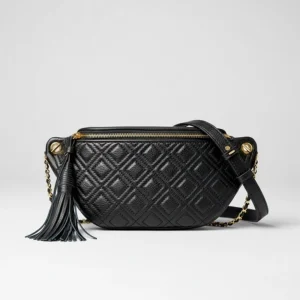 sac banane femme luxe cuir grainé et matelassé noir de face