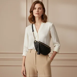 sac banane femme luxe cuir noir matelassé porté en bandoulière