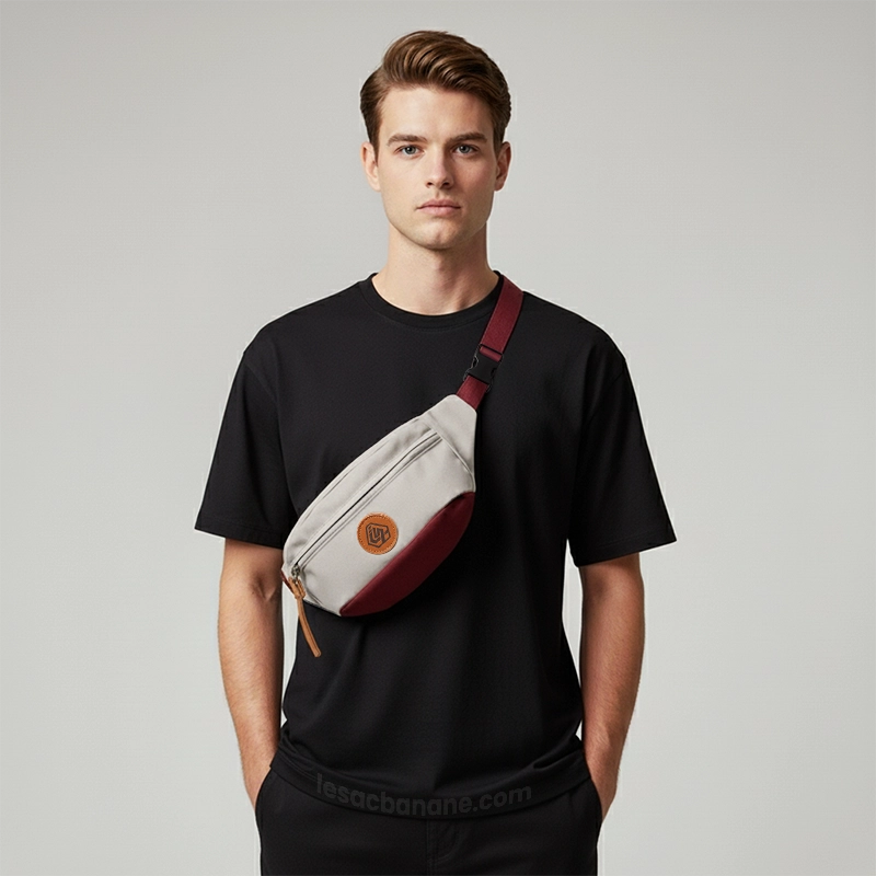 sac banane homme tendance gris et rouge bordeaux porté en bandoulière par un homme