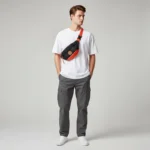 sac-banane-homme-tendance-noir-orange-bandouliere-homme sac banane homme tendance noir et orange porté en bandoulière par un homme