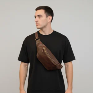 sac banane simili cuir marron porté en bandoulière par un homme
