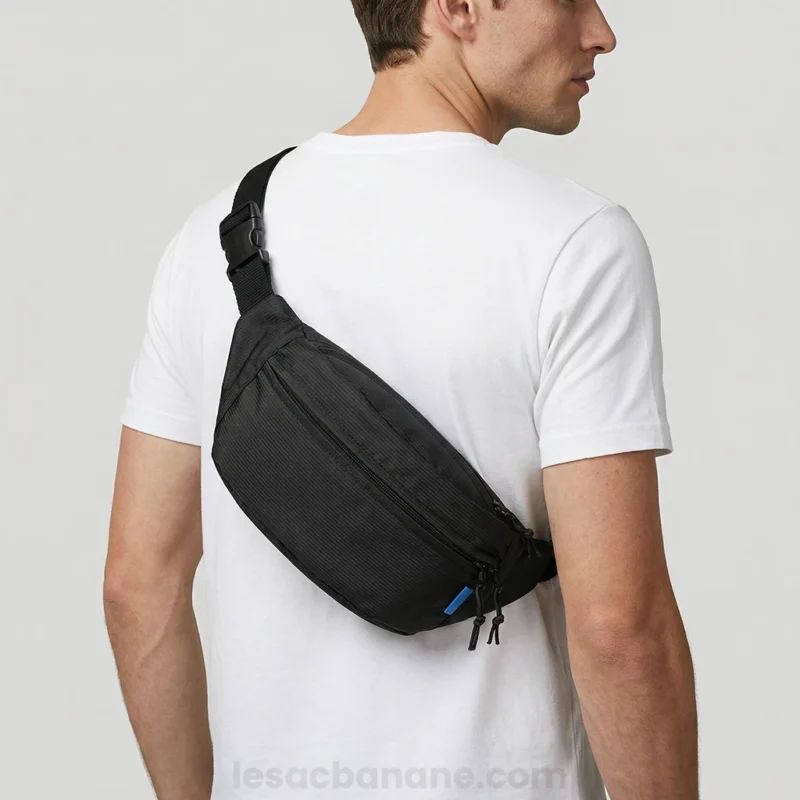 sac banane noir porté en bandoulière par un homme de dos