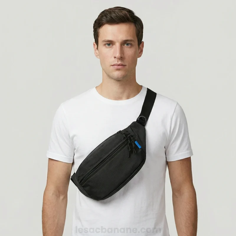 sac banane noir porté en bandoulière par un homme de face