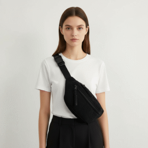 sac banane velours côtelé noir porté en bandoulière par une femme