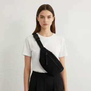 sac banane velours côtelé noir porté en bandoulière par une femme