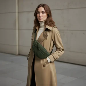 sac banane velours vert porté en bandoulière par une femme chic