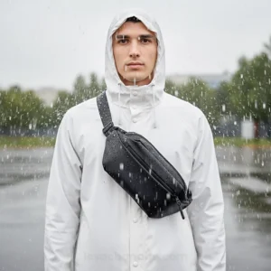 sac banane étanche noir porté en bandoulière par un homme sous la pluie