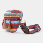 sac banane ethnique bleu pompons colorés