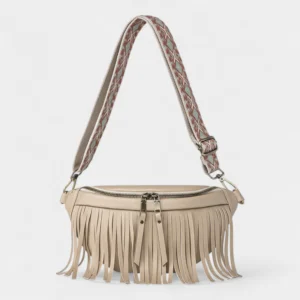 sac banane frange beige lanière motif inca