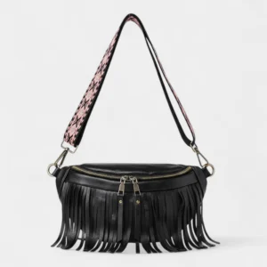 sac banane frange noir lanière motif inca