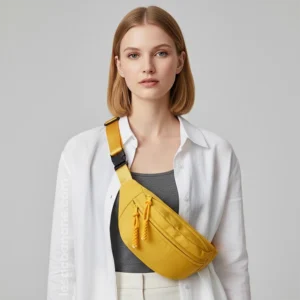 sac banane jaune porté en bandoulière pas une femme
