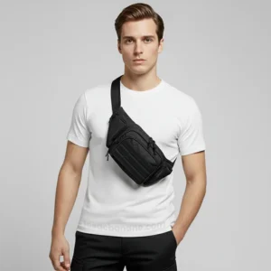 sac banane militaire noir armée porté par un homme en bandoulière