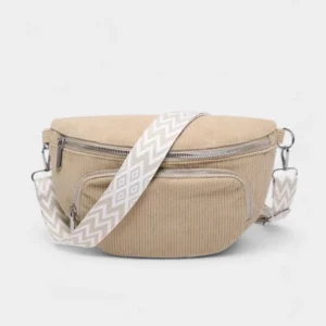 Sac Banane Bandouliere Velours beige avec une texture côtelée et une bandoulière à motifs en zigzag
