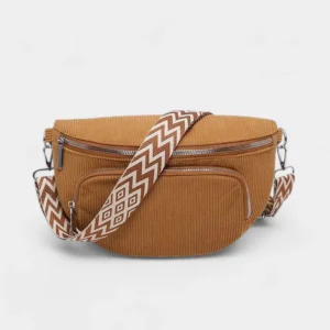 Sac Banane Bandouliere Velours marron orange avec une texture côtelée et une bandoulière à motifs en zigzag