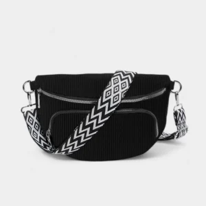 Sac Banane Bandouliere Velours noir avec une texture côtelée et une bandoulière à motifs en zigzag