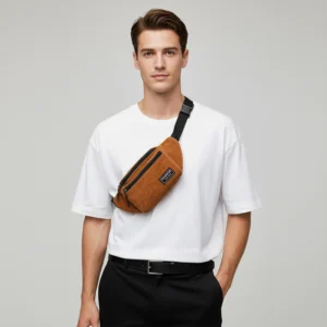 sac banane homme velours côtelé marron camel porté en bandoulière