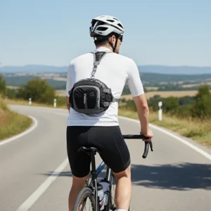 sac banane vélo noir porté à la taille dans le dos par un homme avec les bretelles