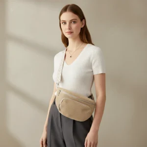 sac banane velours côtelé beige porté en bandoulière par une femme
