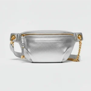 sac banane bandoulière femme cuir grainé argenté brillant