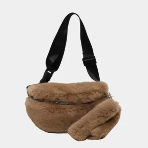 Sac Banane Fausse Fourrure Marron avec pompons