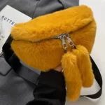 Sac Banane Fausse Fourrure jaune peluche douce avec pompons