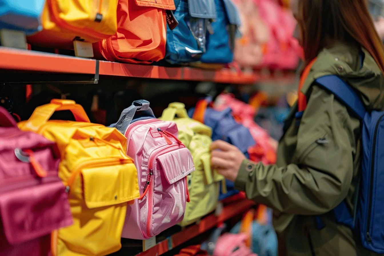 Gros plan sur des sacs à dos et valises de différentes couleurs sur des étagères