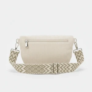 Sac Banane Velours Côtelé Bandoulière Femme de couleur beige avec une sangle géométrique