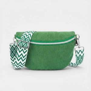 Sac Banane Velours Côtelé Bandoulière Femme en vert avec une sangle décorative en motif géométrique