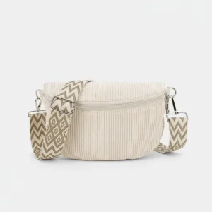 Sac Banane Velours Côtelé Bandoulière Femme en couleur beige avec une bandoulière à motifs géométriques