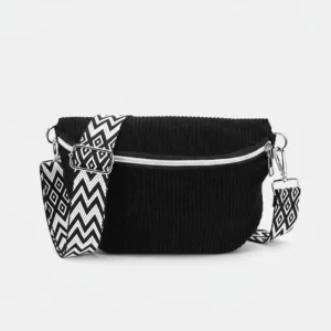 Sac Banane Velours Côtelé Bandoulière Femme en velours côtelé noir avec une bandoulière en motif blanc géométrique