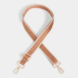 Bandoulière Sac Banane Motifs Grecs en nylon tissage jacquard marron avec liseré beige et mousquetons dorés.