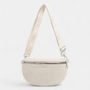Petit Sac Banane Velours Côtelé Bandoulière Femme de couleur beige avec une sangle zippée avant