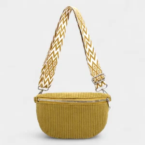 Petit Sac Banane Velours Côtelé Bandoulière Femme de couleur jaune avec une bandoulière tissée et une texture côtelée