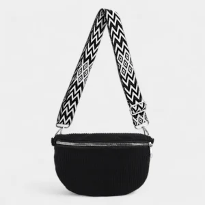Petit Sac Banane Velours Côtelé Bandoulière Femme de couleur noire avec une bandoulière en tissu noir et blanc