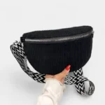Petit Sac Banane Velours Côtelé Bandoulière Femme noir avec sangle à motif en zigzag