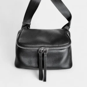 Sac à Main Banane Cuir Femme en cuir noir avec deux fermetures éclair sur le devant