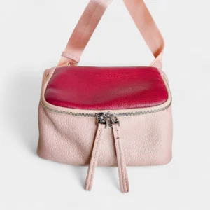 Sac à main banane cuir femme en rose et rouge avec fermeture éclair et lanière