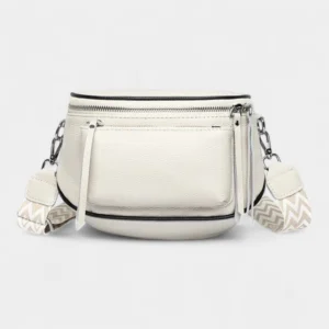 Sac Banane Bandoulière Femme Cuir Chic Poche Avant blanc avec lanière tressée et fermeture éclair