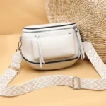 Sac Banane Bandoulière Femme Cuir Chic Poche Avant blanc avec lanière motifs géométriques
