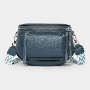Sac Banane Bandoulière Femme Cuir Chic Poche Avant bleu avec sangle décorative et fermeture zippée devant