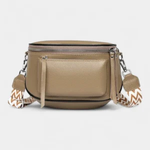 Sac Banane Bandoulière Femme Cuir Chic Poche Avant beige marron avec motif sur la bandoulière