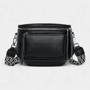 Sac Banane Bandoulière Femme Cuir Chic Poche Avant noir avec sangle géométrique