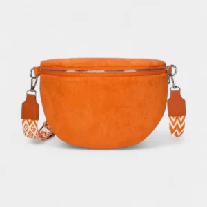 Sac Banane Femme Daim en daim orange vif avec une bandoulière à motifs géométriques