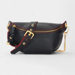 Sac Banane Femme Chic en Cuir Noir avec finition rouge et dorée et sangle noire avec chainette dorée