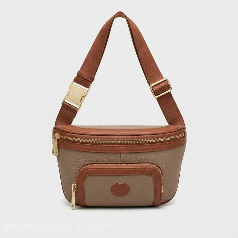 Sac banane femme en cuir grainé taupe et acajou avec double poche zippée et sangle réglable, vue de face sur fond gris clair
