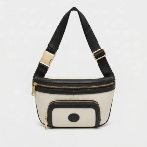 Sac banane femme en cuir grainé blanc cassé et noir avec double poche zippée et sangle réglable, vue de face sur fond gris clair