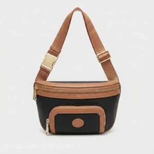 Sac banane femme en cuir grainé noir et marron clair avec double poche zippée et sangle réglable, vue de face sur fond gris clair